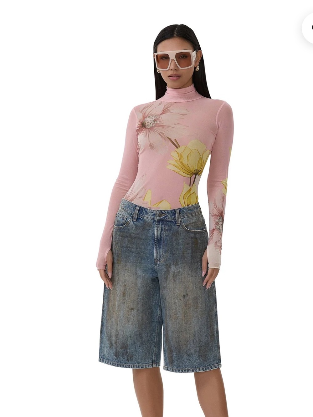 AFRM Zadue  Pink Floral Long-Sleeve mesh Turtleneck Top with Yellow Blooms